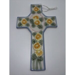 Ceramic Cross With Daisies 8.5 Inches Wall Art Ribbon Hanger Glossy Finish